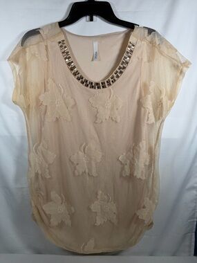 Embellished Lace Overlay Cap-Sleeve Tee - Cream
